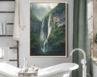 Towering Waterfall Over Rugged Cliffs Wall Art Ready To Hang, Cliffside Nature, Crashing Water, Ready To Hang