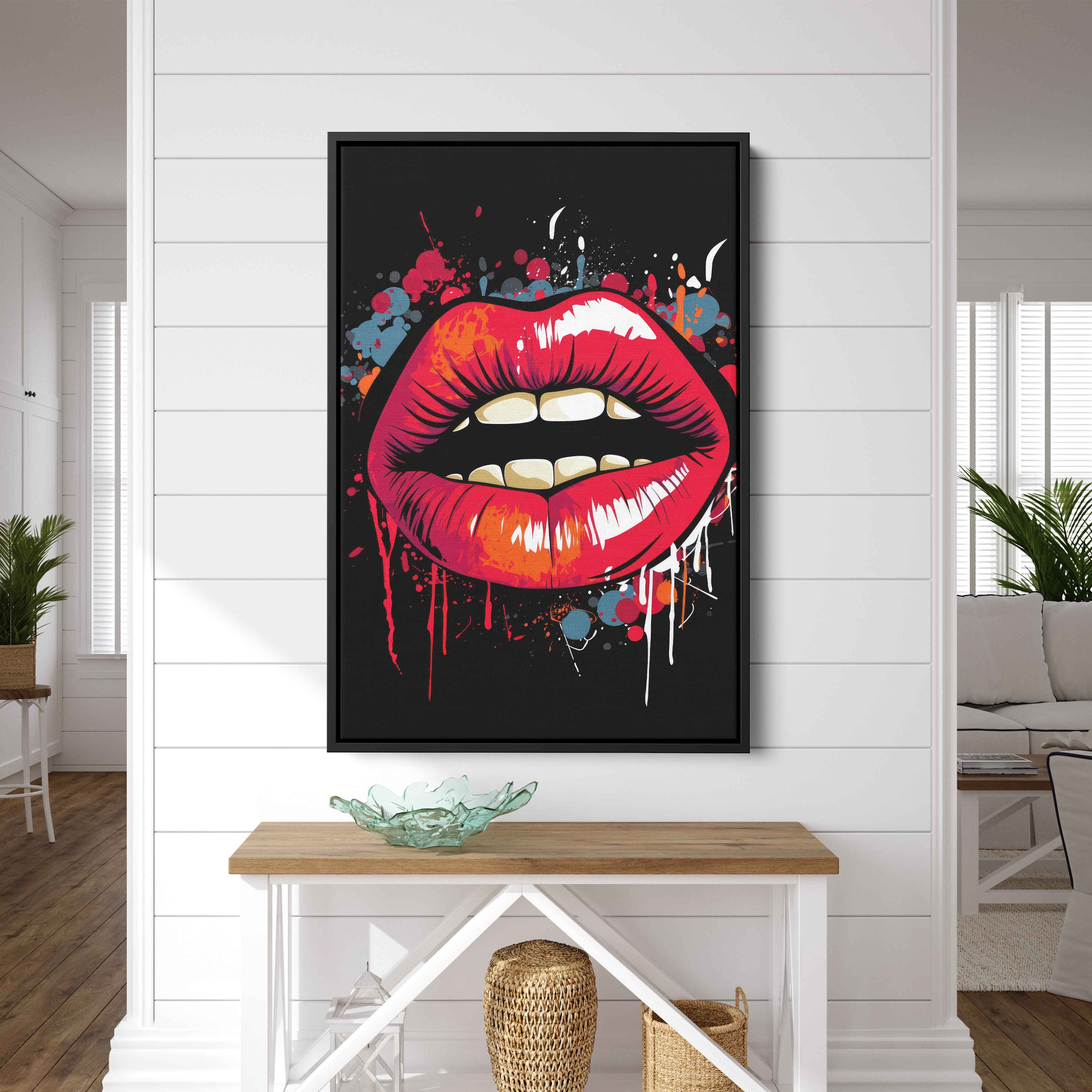 Colorful Pop Art Lips, Paint Splash Wall Art, Framed Canvas Print