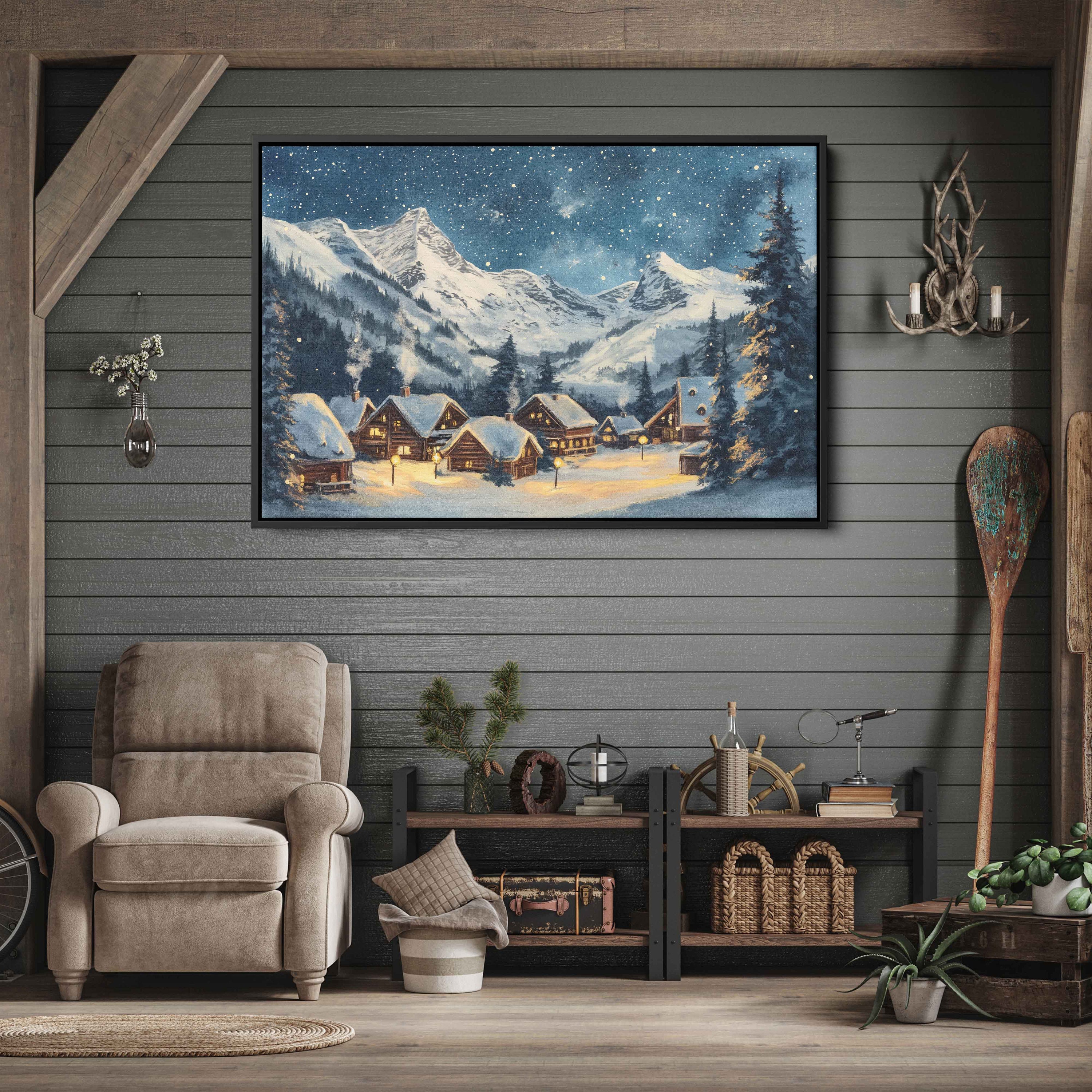 Snowy Alpine Village With Cozy Chalets Wall Art Canvas Print, Winter ...