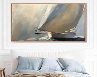 May include: A painting of a sailboat with white sails, sailing through a misty, light blue sea. The sailboat is angled towards the viewer, with the bow of the boat and the sails in focus. The painting has a soft, impressionistic style.