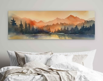 Colorful Panoramic Watercolor Landscape, Forest Mountains And Lake, Digital Print On Canvas, Ready To Hang, Guest Room Decor, Office Decor