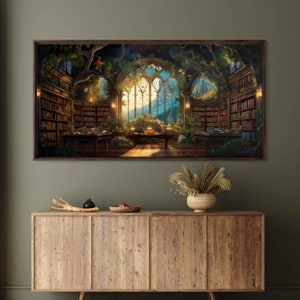 May include: A painting of a large, ornate library with a large window overlooking a lush, green landscape. The library is filled with bookshelves and tables, and there is a sense of peace and tranquility in the room.