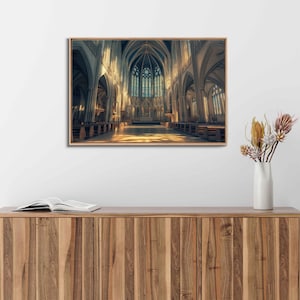 Elegant Gothic Cathedral, Wall Art Canvas Print, Intricate Stone Carvings, Stained Glass Windows