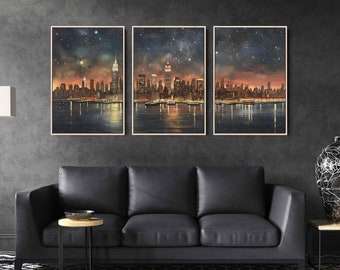 New York Skyline Triptych Wall Art Ready To Hang, Starry Sky Over Hudson River, Empire State Building, Ready To Hang