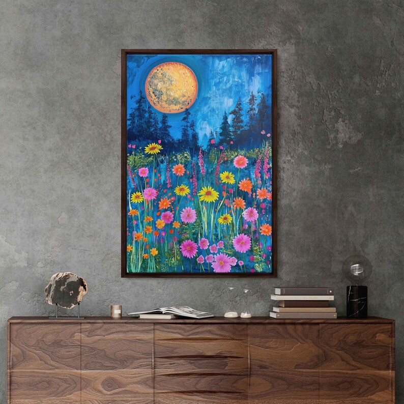 A Field of Wildflowers Under A Full Moon, Starry Night Sky, Canvas Wall ...