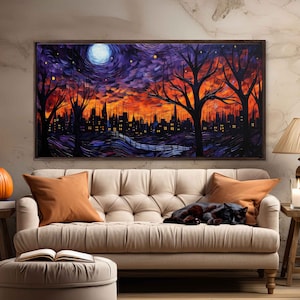 Starry Night Van Gogh Inspired Halloween Wall Art Canvas Print, Spooky Town, Ready To Hang
