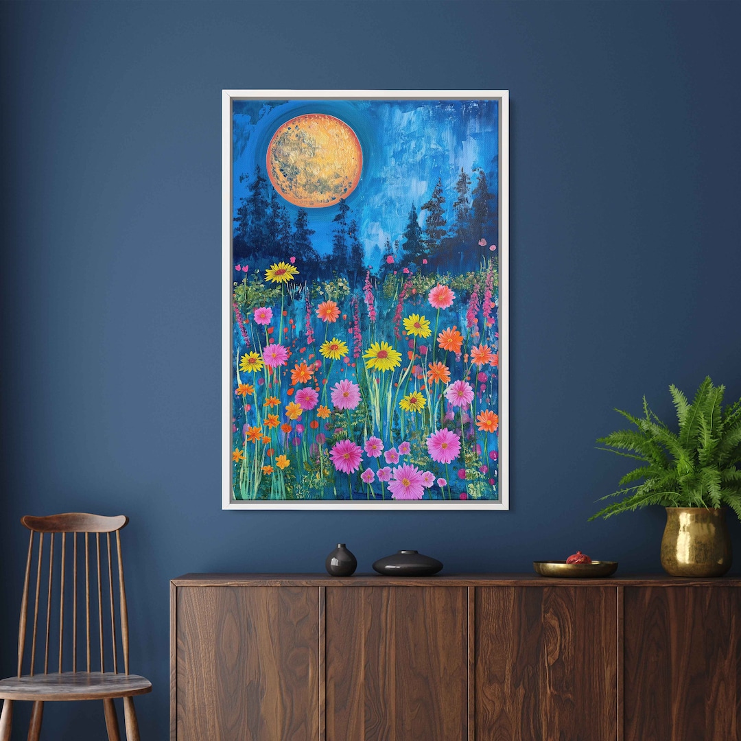 A Field of Wildflowers Under A Full Moon, Starry Night Sky, Canvas Wall ...