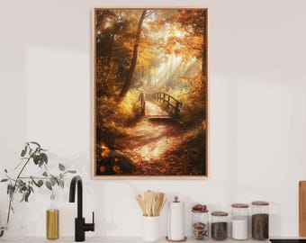 May include: A framed photograph of a path through a forest with golden leaves and a wooden bridge. Sunlight streams through the trees, creating a warm and inviting atmosphere.
