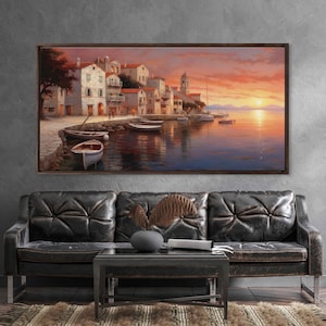 Coastal Town Sunset Wall Art Canvas Print, Cobblestone Italian City, Docked Sailboats, Ready To Print
