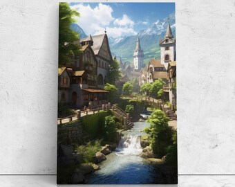 Medieval Village Fantasy Art, Framed Canvas Print, Game Room Decor, Gift For Gamer