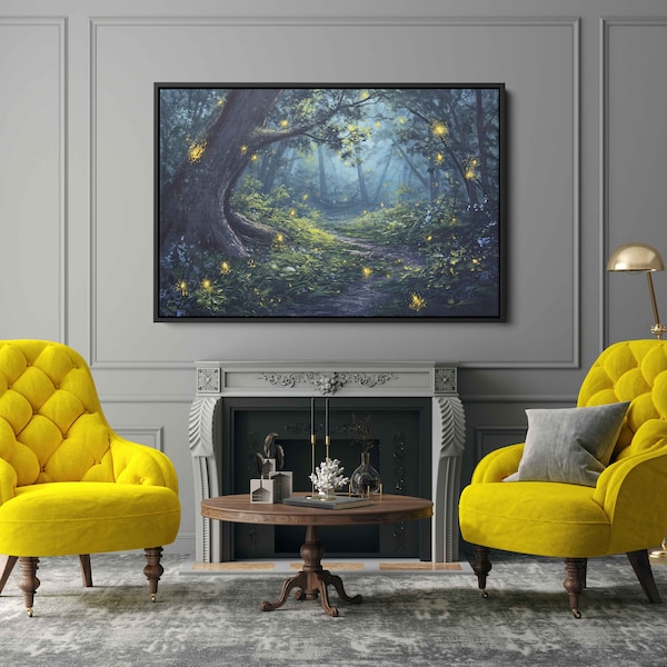 Enchanted Forest Path Wall Art Canvas Print, Glowing Fireflies , Nature Landscape, Ready To Hang