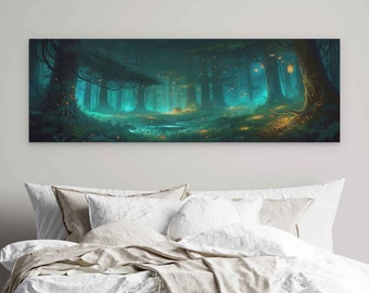 Enchanted Firefly Forest Panoramic, Digital Illustration On Canvas, Ready To Hang Panorama Canvas, Living Room Decor, Large Wall Art