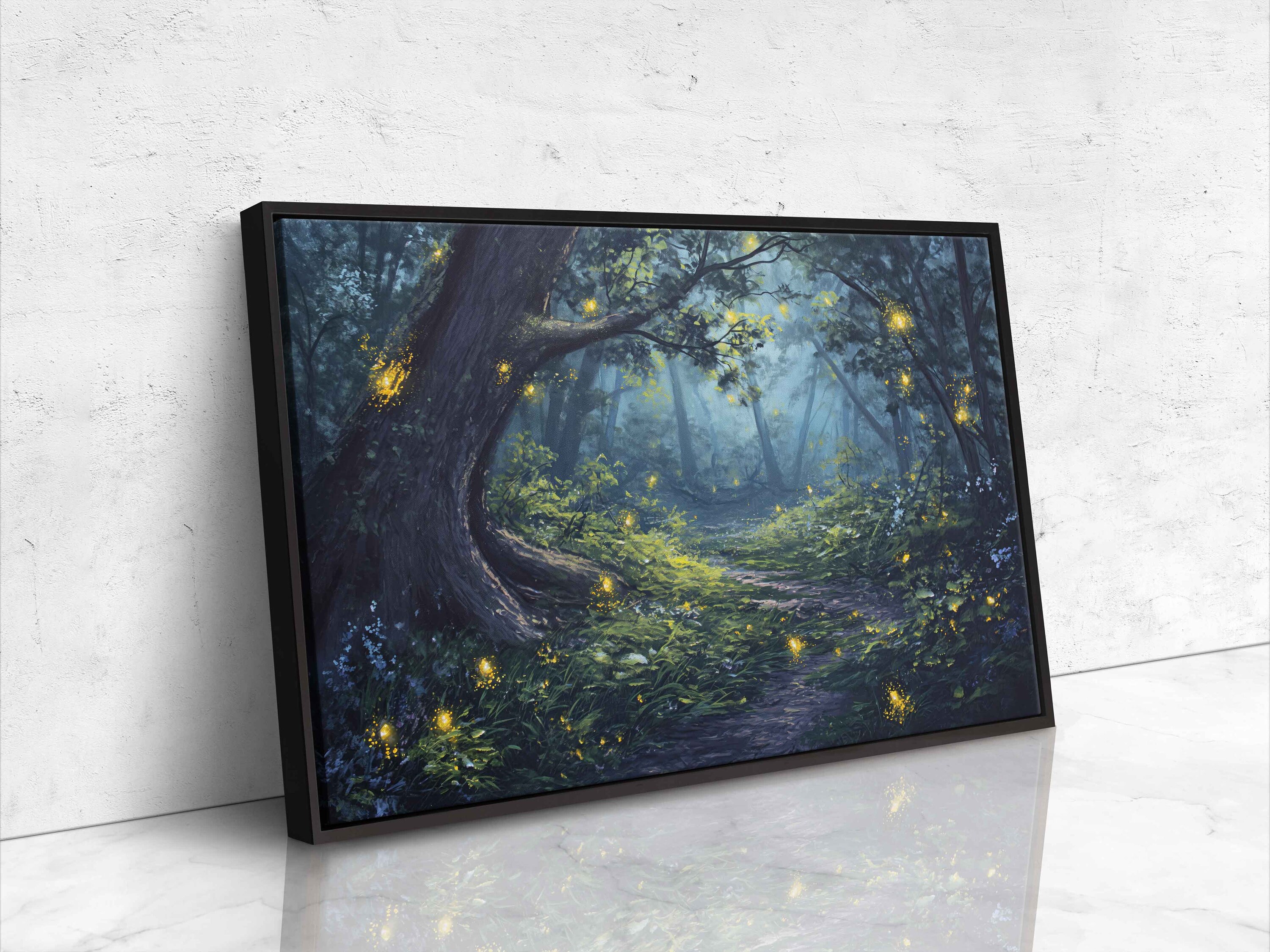 Enchanted Forest Path Wall Art Canvas Print, Glowing Fireflies , Nature ...