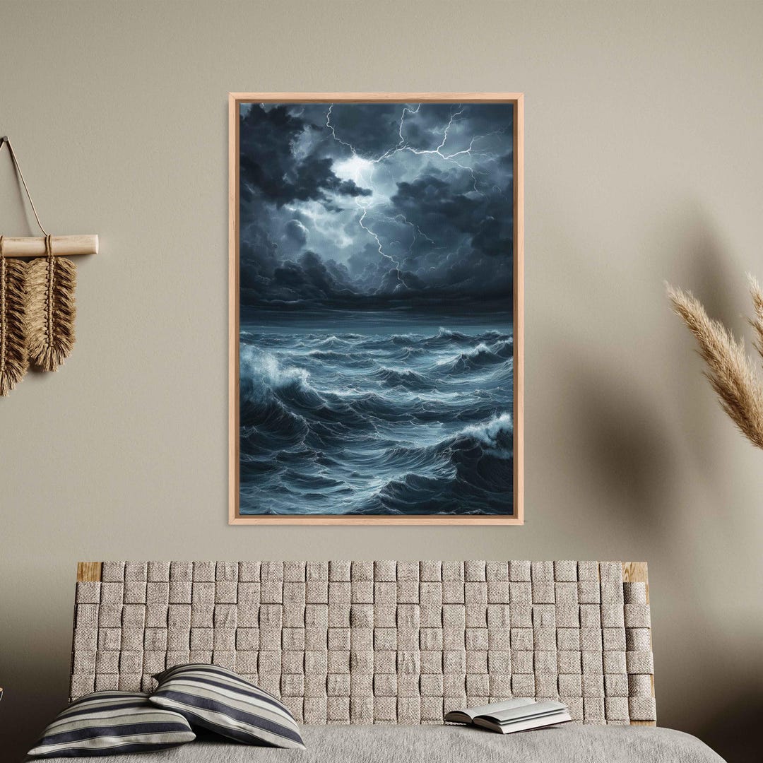 Stormy Ocean Scene, Wall Art Canvas Print, Dark Clouds, Lightning ...