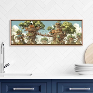 Giant Treehouse Village, Wall Art Canvas Print, Colorful Inhabitants, Whimsical Fantasy