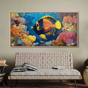 Angelfish in Colorful Coral Reef, Wall Art Canvas Print, Detailed Acrylic Painting, Marine Art