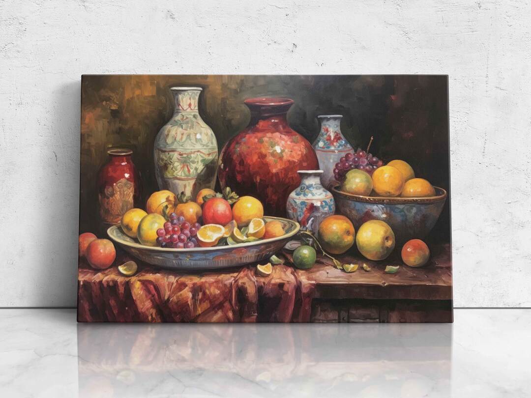 Eclectic Oil Painting of Fruits and Vases, Digital Print on Canvas