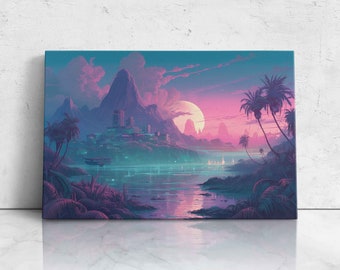 Pastel Color Island, Vaporwave Landscape Art, Digital Illustration On Canvas, Framed Canvas, Ready To Hang, Video Game Room Decor