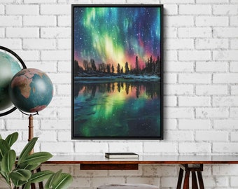 Aurora Borealis, Northern Lights, Neon Colors, Alaskan Wall Art, Framed Canvas Print, Ready To Hang, Starry Night Sky