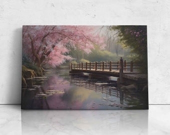 May include: A painting of a wooden bridge over a still pond with a reflection of the surrounding trees. The trees are in bloom with pink flowers. The scene is peaceful and serene.