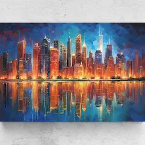 Abstract Shimmering City Skyline Painting, Framed Canvas Print, Ready To Hang, Cityscape Art
