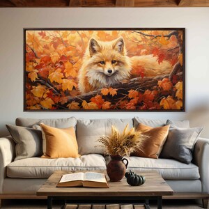 Fox Lying In Autumn Leaves, Acrylic Painting, Framed Canvas Print, Ready To Hang, October Wall Art