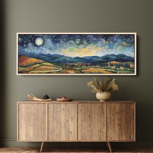 Starry Night Landscape Panoramic Oil Painting, Digital Art Print On Canvas, Ready To Hang, Living Room Decor