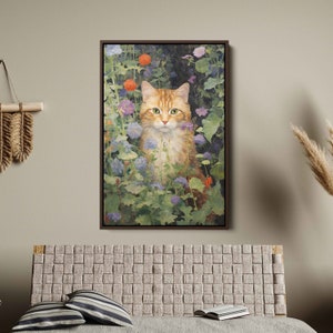 Orange Cat In Flourish Garden, Framed Canvas Print, Ready To Hang