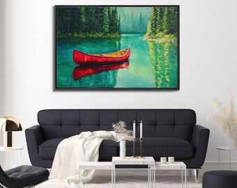 Red Canoe on Emerald Lake, Wall Art Canvas Print, Tranquil Nature Scene, Summer Reflections