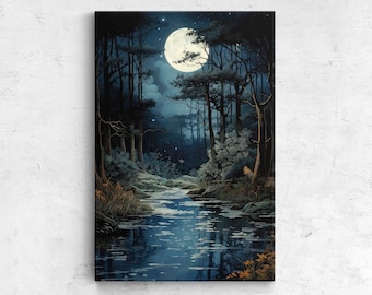 Moonlit Forest Acrylic Painting, Framed Canvas Print, Ready To Hang