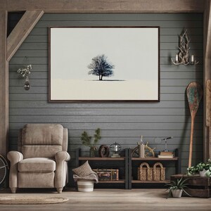 Elegant Single Tree, Wall Art Canvas Print, Minimalist Oil Painting, Tranquil Nature Scene