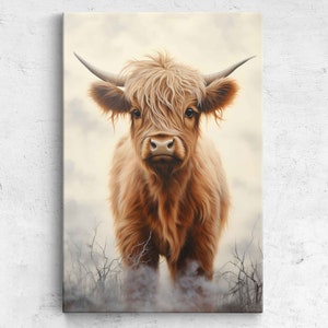 Adorable Highland Calf Watercolor Painting, Canvas Wall Art Print, Ready To Hang, Framed Canvas Options, Poster Option