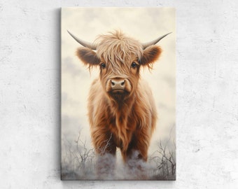 Adorable Highland Calf Watercolor Painting, Canvas Wall Art Print, Ready To Hang, Framed Canvas Options, Poster Option