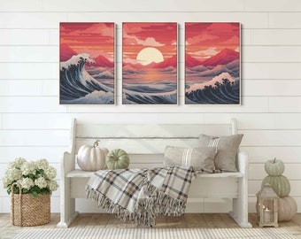Ukiyo-e Ocean Waves At Sunset, 3 Piece Wall Art, Vintage Japanese Art, Sunset Painting, Framed Canvas, Ready To Hang