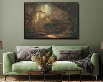 Magical Tree Library In Enchanted Forest. Secret Reading Nook, Unique Wall Art On Ready-to-hang Canvas, Gift For Bookworms