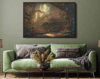 Magical Tree Library In Enchanted Forest. Secret Reading Nook, Unique Wall Art On Ready-to-hang Canvas, Gift For Bookworms