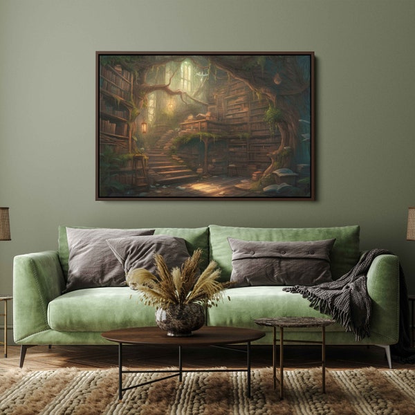 Magical Tree Library In Enchanted Forest. Secret Reading Nook, Unique Wall Art On Ready-to-hang Canvas, Gift For Bookworms