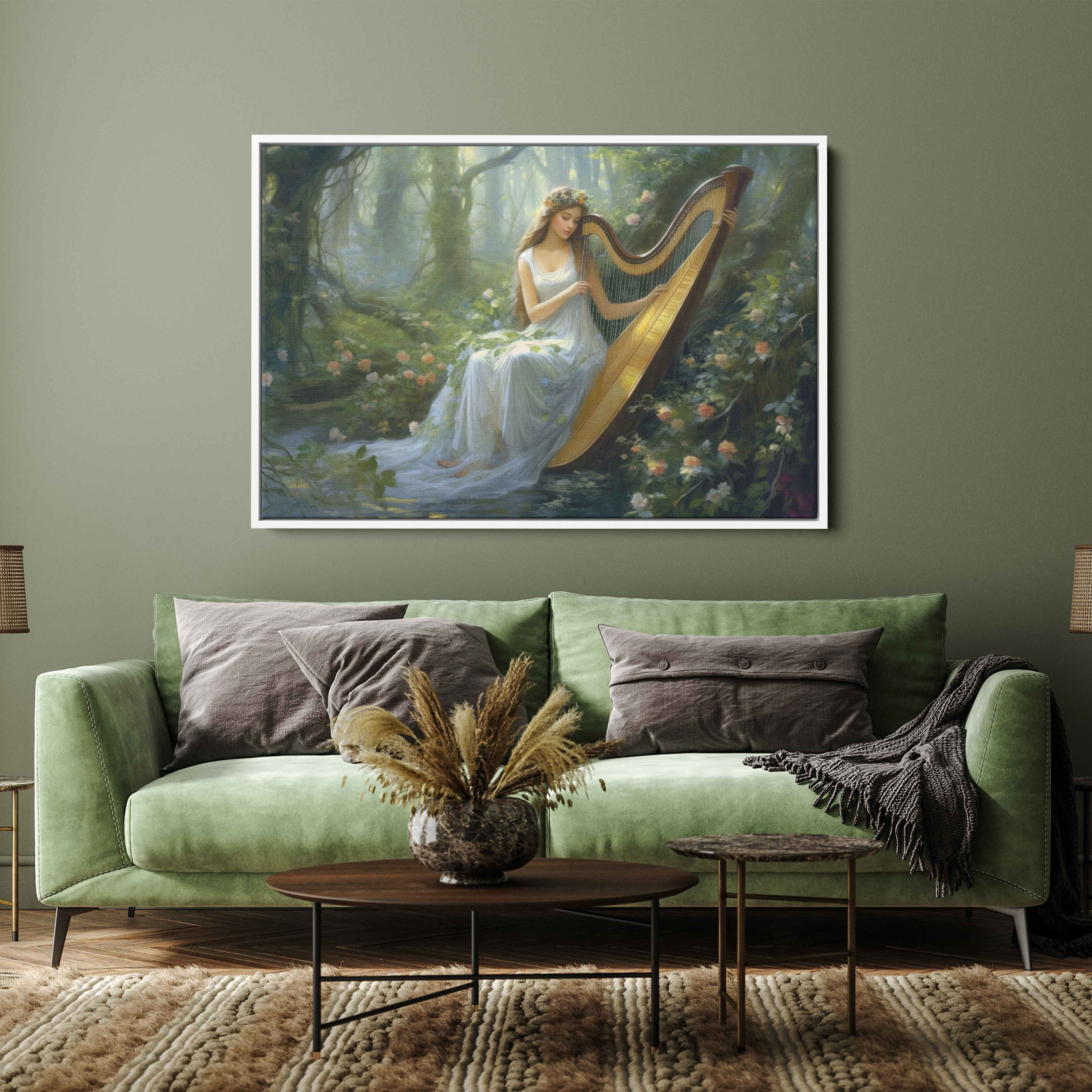 Elegant Woman Playing Harp Wall Art Canvas Print, Peaceful Nature