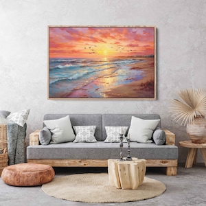 Bright Colorful Beach Sunset Oil Painting, Framed Canvas Print, Ready To Hang, Uplifting Beach House Decor