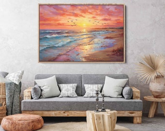 Bright Colorful Beach Sunset Oil Painting, Framed Canvas Print, Ready To Hang, Uplifting Beach House Decor