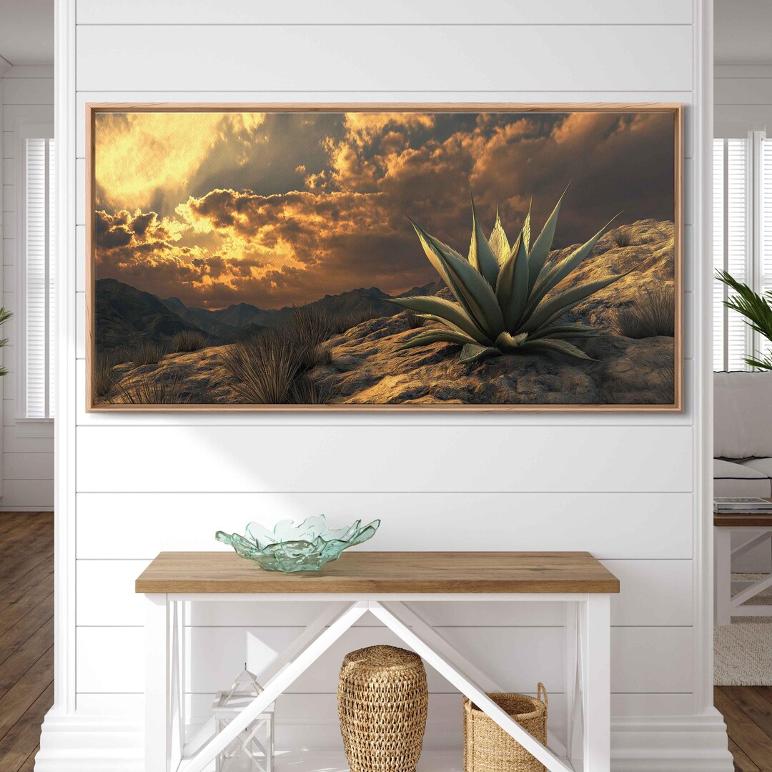 Agave Desert Plant, Wall Art Canvas Print, Dramatic Clouds, Mountain ...