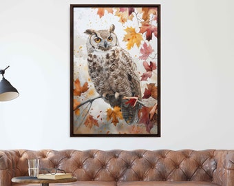 May include: A watercolor painting of a great horned owl perched on a branch with autumn leaves in shades of orange, red, and yellow.