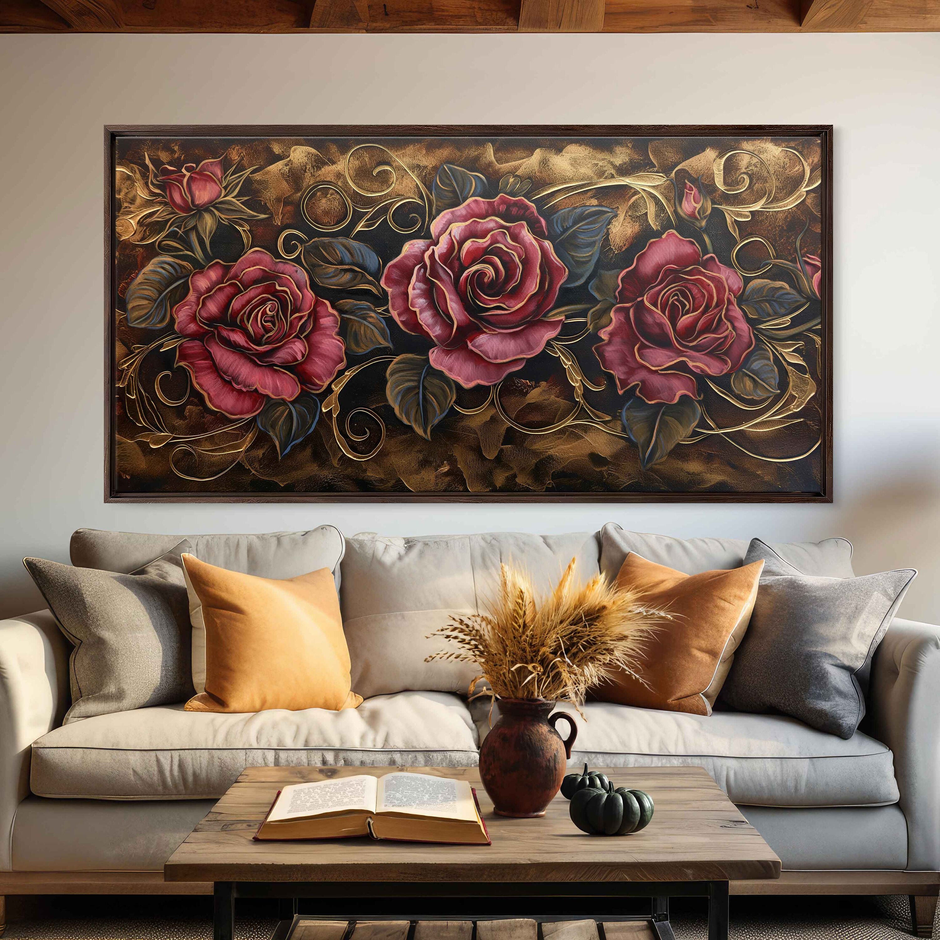 Roses With Intricate Ornate Gold Inlay Wall Art Canvas Print, Floral ...