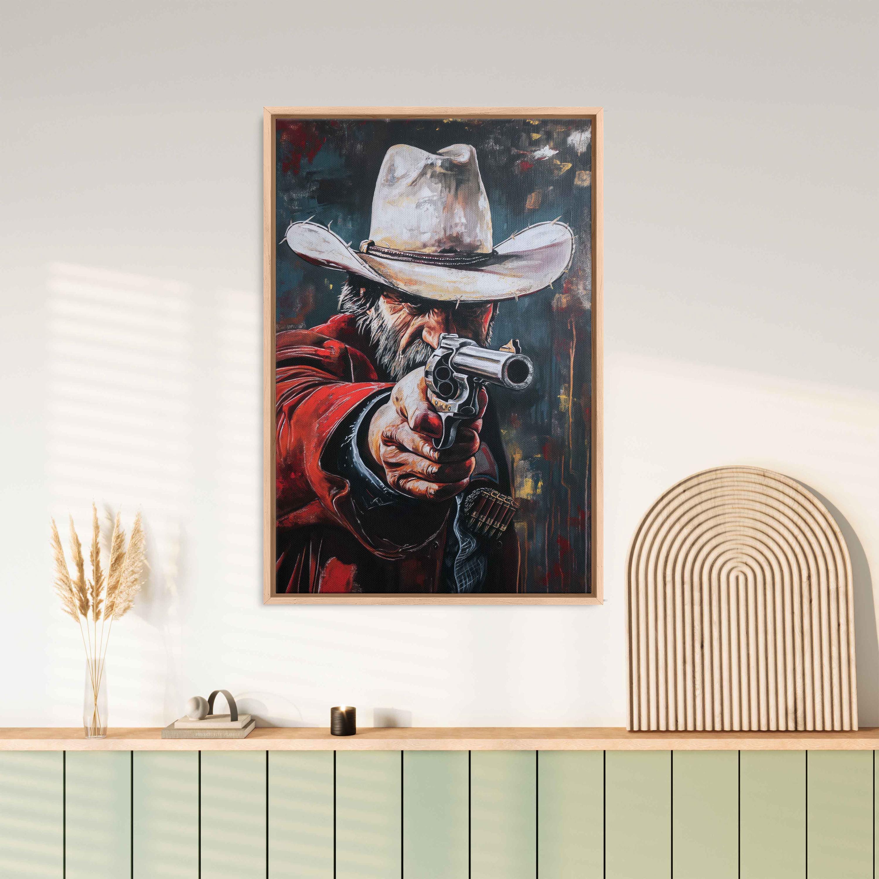 Vintage Cowboy Shooting Revolvers Acrylic Wall Art Canvas Print
