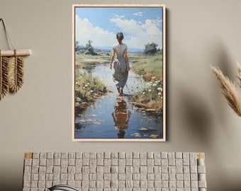 Watercolor Woman Walking Through Stream Wall Art Canvas Print, Wildflower Daisies, Peaceful Nature, Water Reflection, Ready To Hang