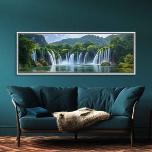 Cascading Waterfall, Wall Art Canvas Print, Lush Greenery, Nature&#39;s Power, Vibrant Flora