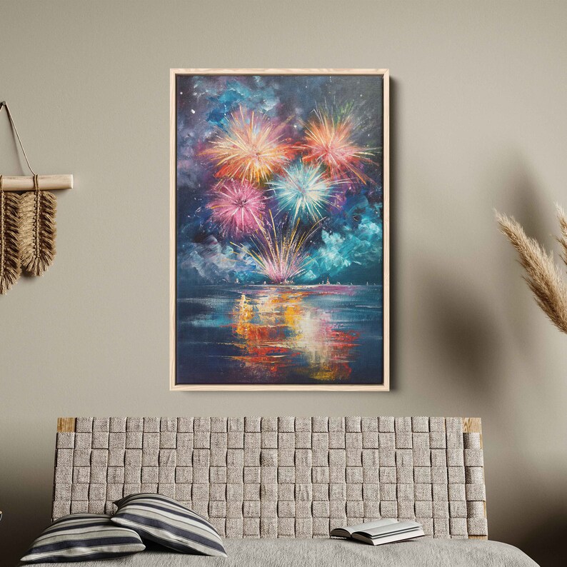 Exploding Fireworks Over Water Wall Art Canvas Print, Colorful Explosions In Sky, Ready To Hang image 10