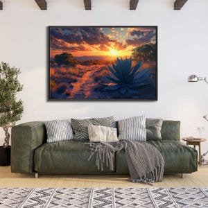 Agave Desert Plant Under Sunset, Wall Art Canvas Print, Vibrant Digital Artwork