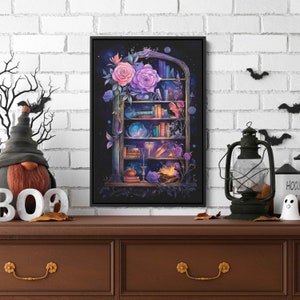 Celestial Witch&#39;s Bookshelf Watercolor Painting, Colorful Halloween Wall Art, Framed Canvas Print,  Ready To Hang