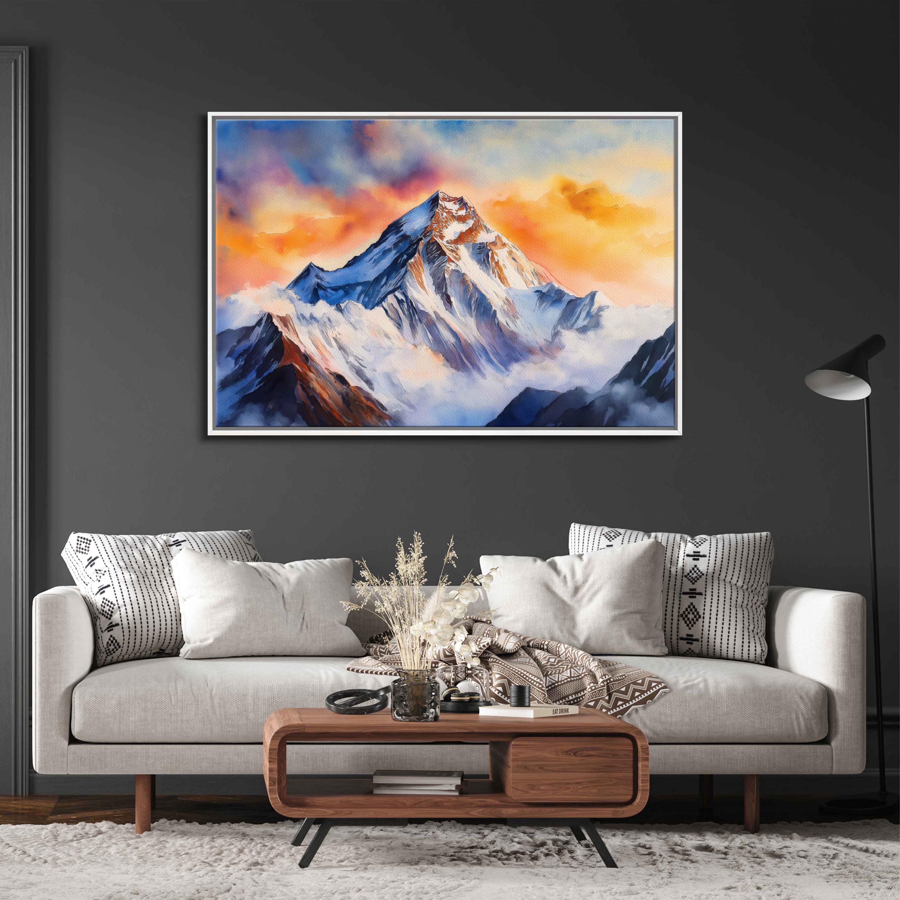 Mount Everest Watercolor Sunrise, Wall Art Canvas Print, Ethereal
